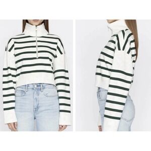 Frame White & Green Stripe Cropped Half Zip Sweatshirt Size M